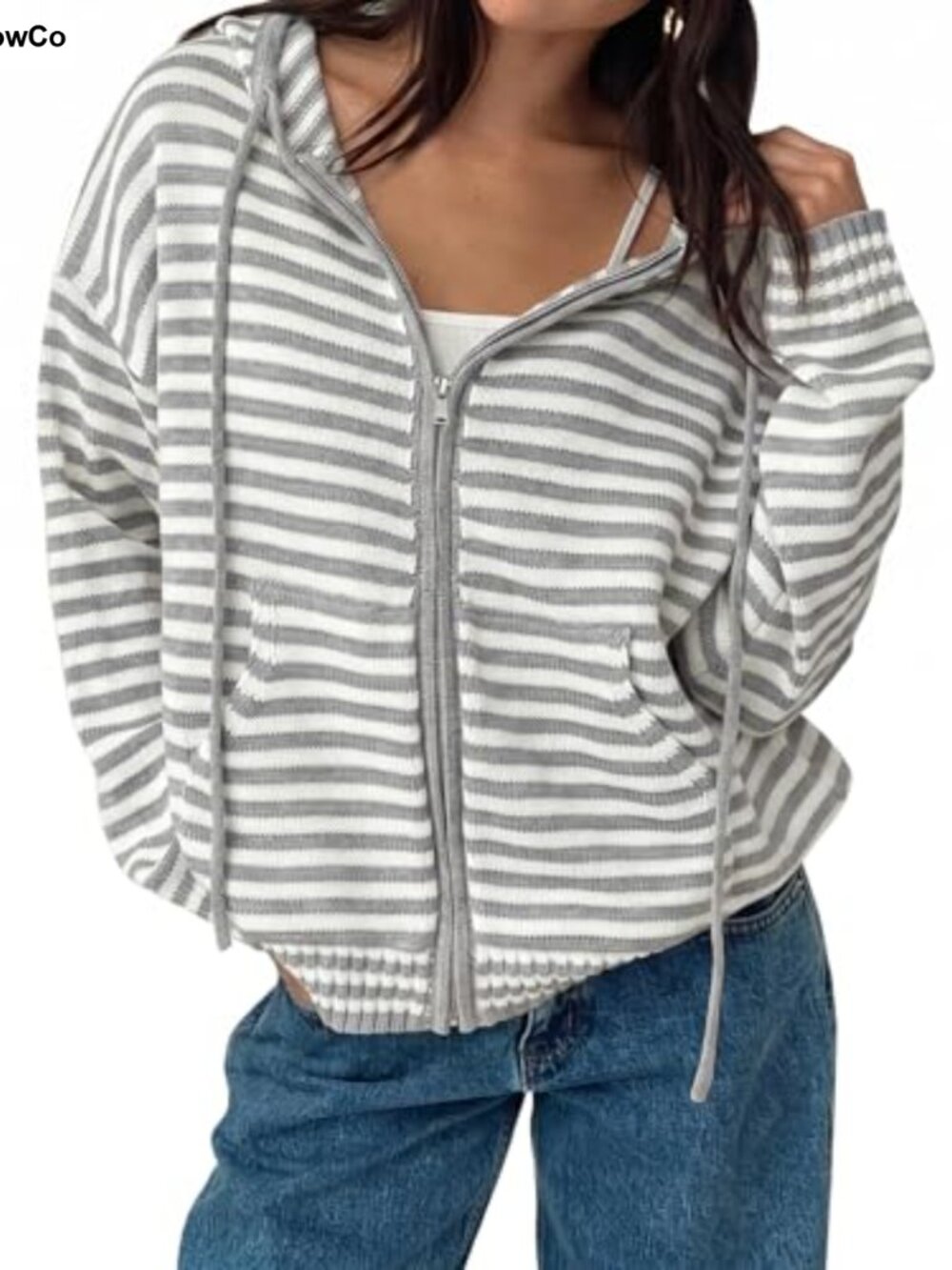 Striped Crop Zip Hoodie Oversized Cardigan Sweater Long Sleeve